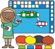 female teacher demonstrating mighty writer to children illustration